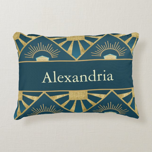 Personalized Art Deco Teal & Gold Geometric Name  Dekokissen (Vorderseite)