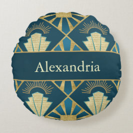 Personalized Art Deco Teal & Gold Geometric Name  Rundes Kissen