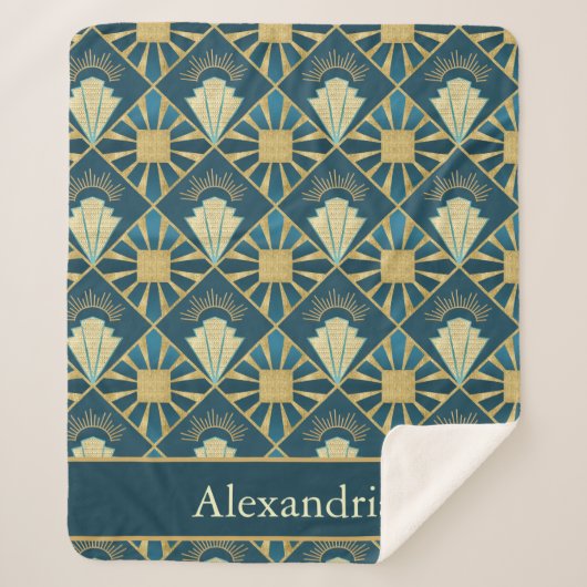 Personalized Art Deco Teal & Gold Geometric Name Sherpadecke (Vorderseite)