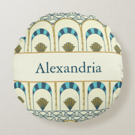 Personalized Art Deco Teal & Gold Geometric Rundes Kissen
