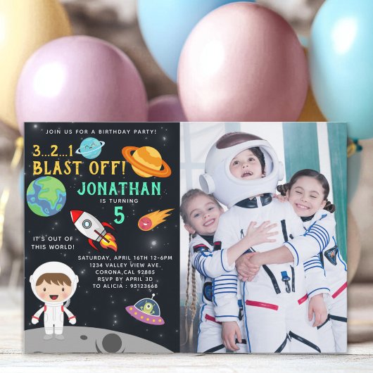 Personalized Astronaut Birthday with Photo Space Einladung