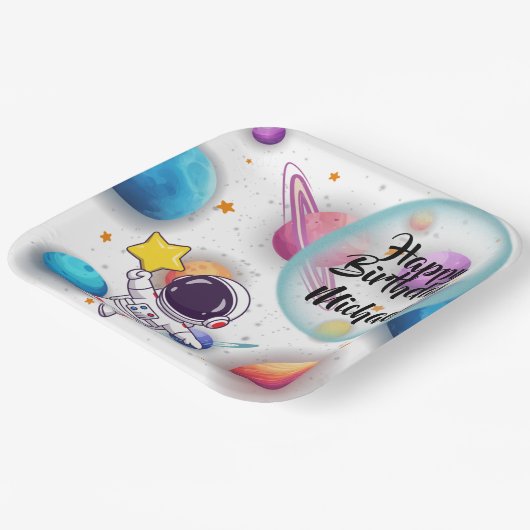 Personalized Astronaut & Planets Party Plates Pappteller (Gewinkelt)