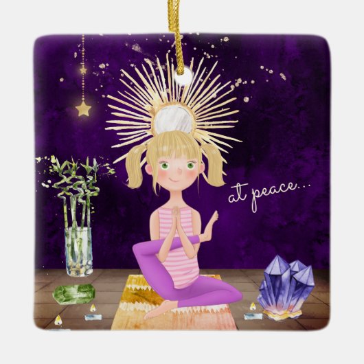 Personalized At Peace Yoga Blond Girl Christmas Keramikornament (Vorderseite)