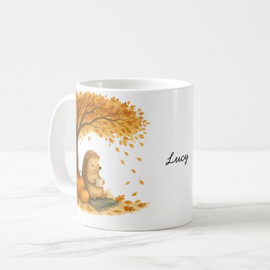 Personalized Autumn Hedgehog Under Tree Coffee Mug Kaffeetasse (Vorderseite Links)