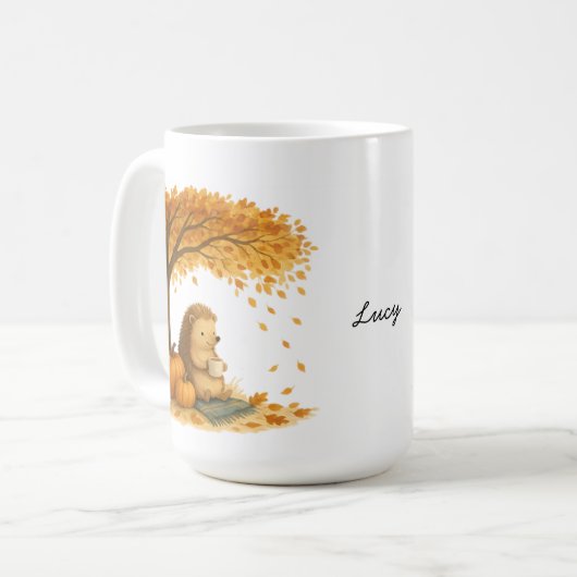 Personalized Autumn Hedgehog Under Tree Coffee Mug Kaffeetasse (Vorderseite Links)