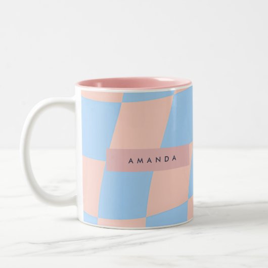 Personalized Baby Blue and Peach Wavy Checkered Zweifarbige Tasse (Links)