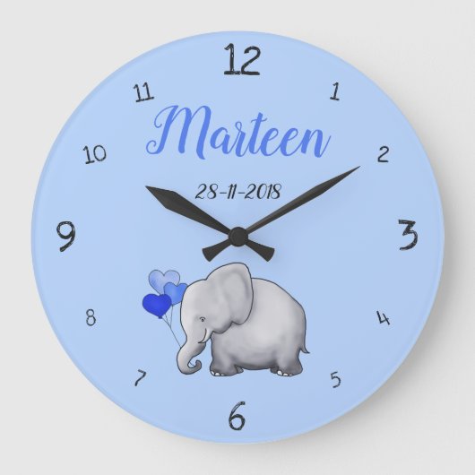 Personalized Baby Blue Cute Elephant Nursery Große Wanduhr (Vorderseite)