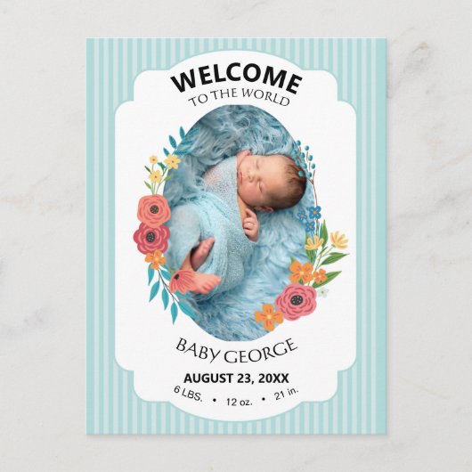 personalized baby blue floral Birth announcements Postkarte (Vorderseite)