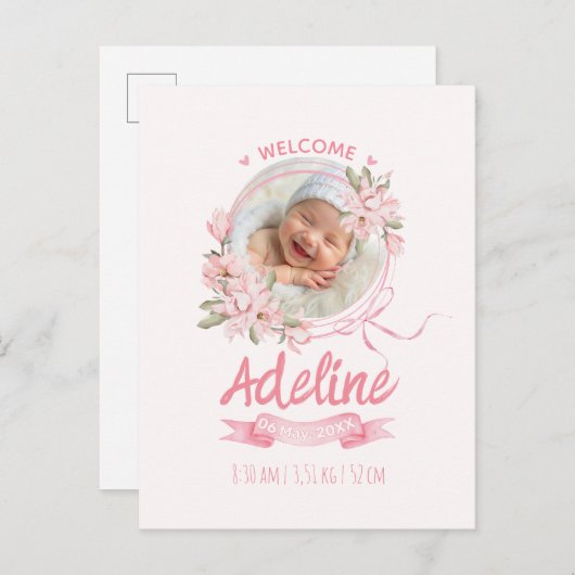 personalized baby blue floral Birth announcements Postkarte (Vorne/Hinten)