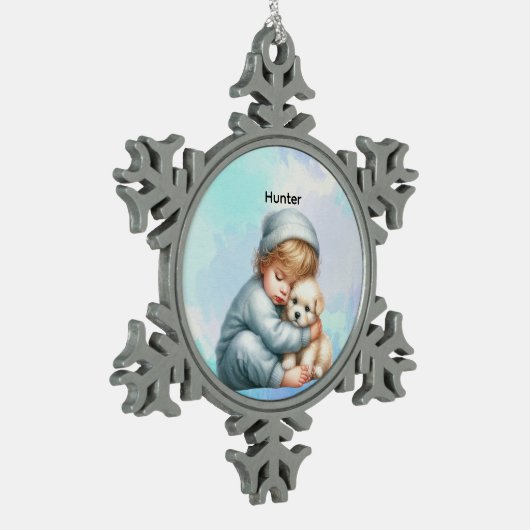 Personalized Baby Cuddling Puppy Snowflake Schneeflocken Zinn-Ornament (Links)