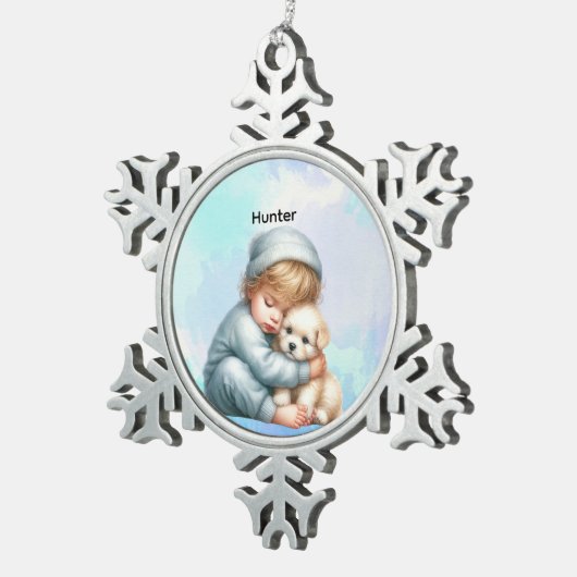 Personalized Baby Cuddling Puppy Snowflake Schneeflocken Zinn-Ornament (Rechts)