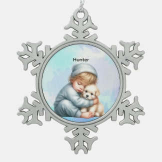 Personalized Baby Cuddling Puppy Snowflake Schneeflocken Zinn-Ornament