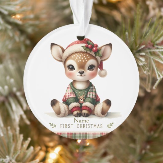 Personalized Baby Deer in Plaid Sweater Ornament (Baum)