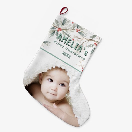 Personalized Baby First Christmas Berry Photo Großer Weihnachtsstrumpf (Vorderansicht (hängend))