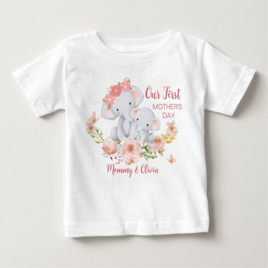 Personalized Baby First Mother's Day Elephant Baby T-shirt (Vorderseite)