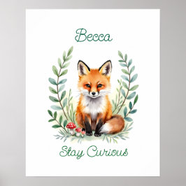 Personalized Baby Fox Watercolor Woodland Nursery  Poster