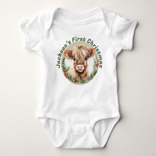 Personalized “Baby’s First Christmas” Highland Cow Baby Strampler (Vorderseite)