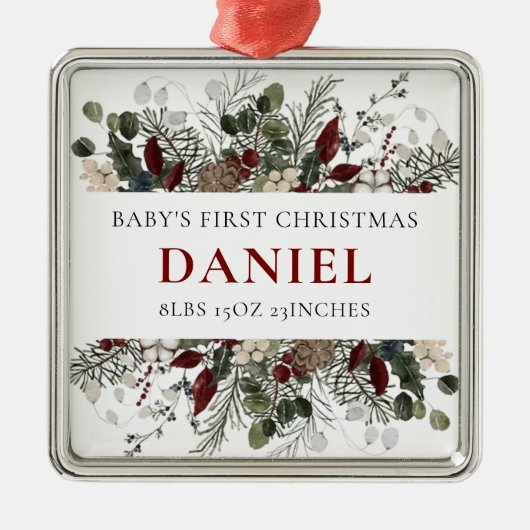 Personalized Baby's 1st Christmas Winter Floral Ornament Aus Metall (Vorne)