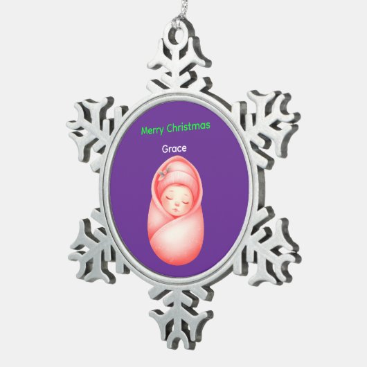Personalized Baby's First Christmas Snowflake Orna Schneeflocken Zinn-Ornament (Rechts)