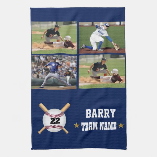 Personalized Baseball 4 Photo Collage Name Team Geschirrtuch (Vertikal)