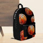 Personalized Basketball Bedruckter Rucksack<br><div class="desc">Passen Sie Ihren ganz eigenen schwarzen Basketball-Rucksack mit Ihrem Namen auf der Oberseite an, das ganze Set vor einem Hintergrund verstreuter Basketballbälle! Stell dich mit deinem persönlichen Stil und deiner eigenen Ausrüstung heraus, perfekt für Kinder, die Basketball spielen und auf der Suche nach einem einzigartigen Weg, ihre Leidenschaft zu zeigen!...</div>