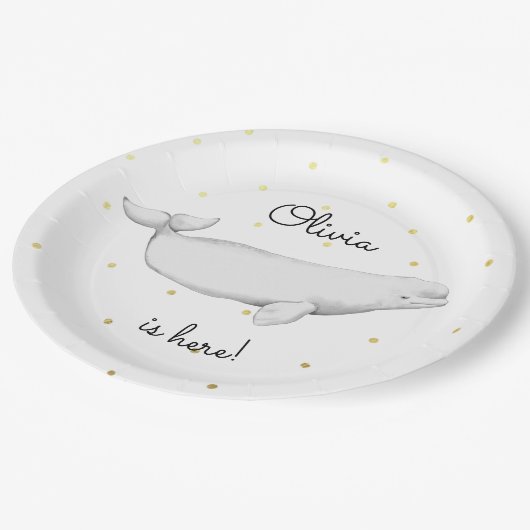 Personalized Beluga Whale New Baby Shower Pappteller (Schrägansicht)