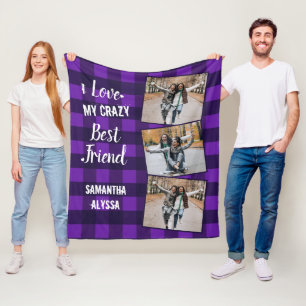 Personalized Best Friend Chic Purple Plaid 3 Photo Fleecedecke