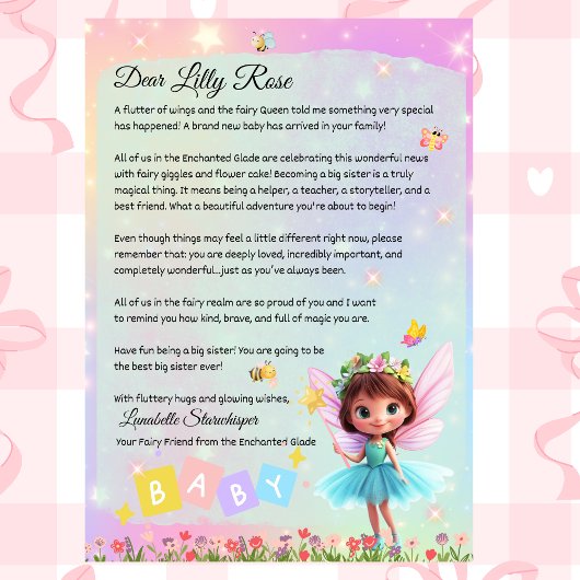 Personalized Big Sister Fairy Letter – New Baby Einladung