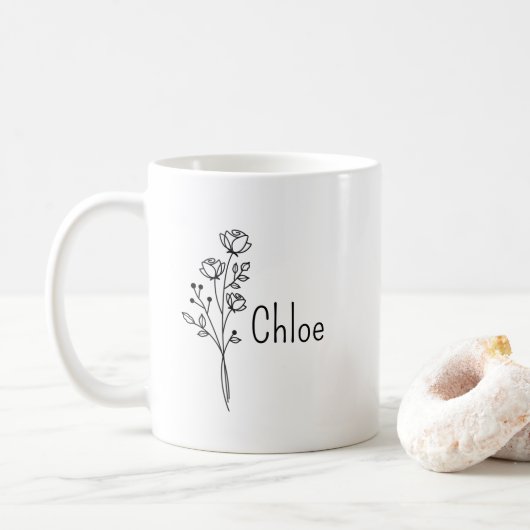 Personalized Birth Flower Ceramic Mug, Custom name Kaffeetasse (Mit Donut)