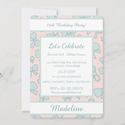Personalized Birthday Blue Bow Sweet Invitation Einladung (Vorderseite)