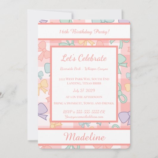 Personalized Birthday Bow Gingham Sweet Invitation Einladung (Vorderseite)