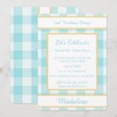Personalized Birthday Gingham Blue Invitation Einladung (Vorne/Hinten)