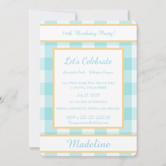 Personalized Birthday Gingham Blue Invitation Einladung (Vorderseite)