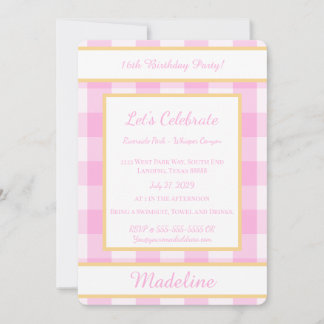 Personalized Birthday Gingham Pink Invitation Einladung