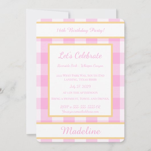 Personalized Birthday Gingham Pink Invitation Einladung (Vorderseite)