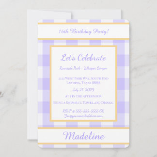 Personalized Birthday Gingham Purple Invitation Einladung