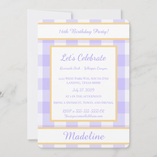 Personalized Birthday Gingham Purple Invitation Einladung (Vorderseite)