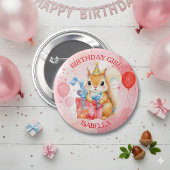 Personalized Birthday Girl's Squirrel Pink and Red Button