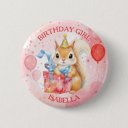 Personalized Birthday Girl's Squirrel Pink and Red Button (Vorderseite)