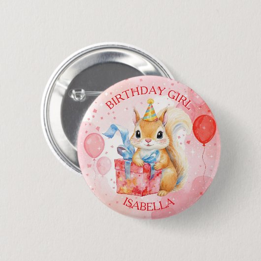 Personalized Birthday Girl's Squirrel Pink and Red Button (Vorne & Hinten)