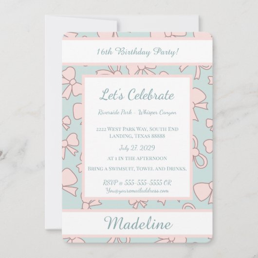 Personalized Birthday Pink Bow Sweet Invitation Einladung (Vorderseite)