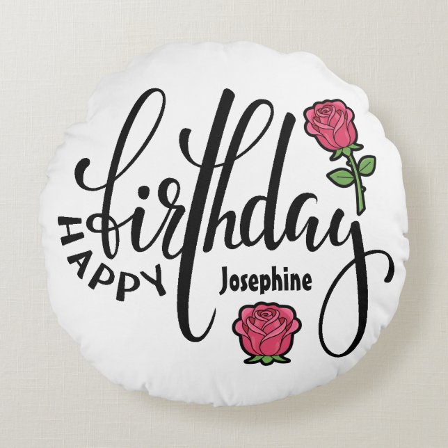 Personalized Birthday Pink Rose  Rundes Kissen (Vorderseite)