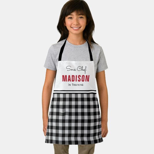 Personalized Black and White Buffalo Plaid Kids Schürze (Insitu)