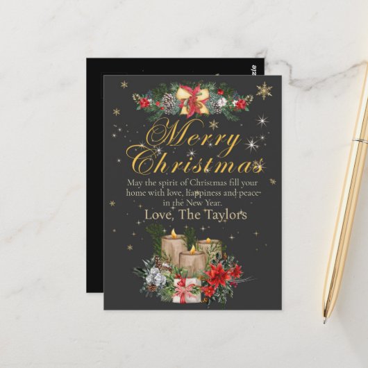 Personalized  Black Gold Merry Christmas Cards  Postkarte (Vorderseite/Rückseite Beispiel)