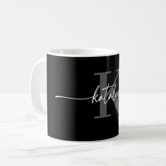 Personalized Black Monogram Coffee Mug with Name Kaffeetasse (Vorderseite Links)