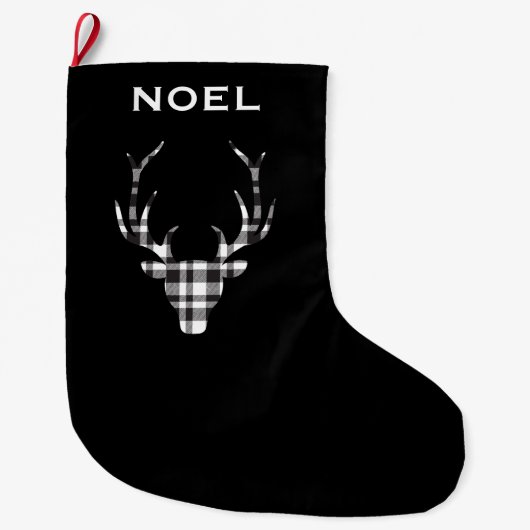 Personalized Black Plaid Deer Christmas Stockings Großer Weihnachtsstrumpf (Vorderseite)