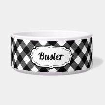 Personalized Black & White Gingham Check pet bowl