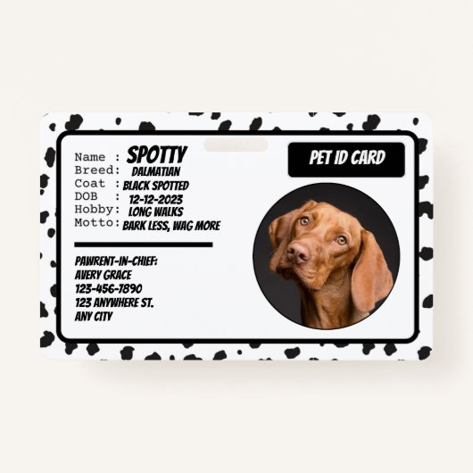 Personalized Black White Modern Dog Photo ID Badge Ausweis (Vorderseite)