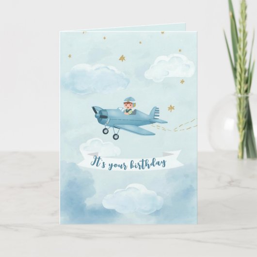 Personalized Blue Airplane Birthday Card Karte (Vorderseite)