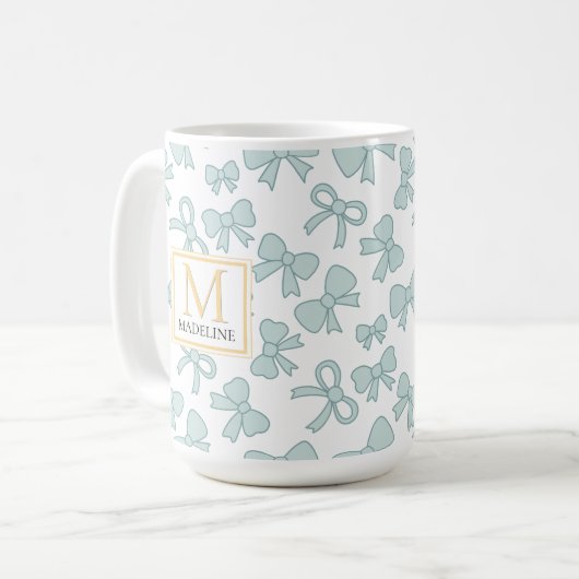 Personalized Blue Bow Girl Cute Gold Monogram Name Kaffeetasse (Vorderseite Links)